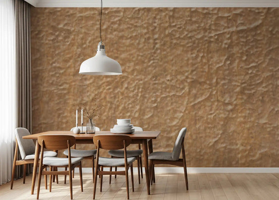 Rustic wallpaper behind a walnut dining table with wooden chairs and white pendant GD13928