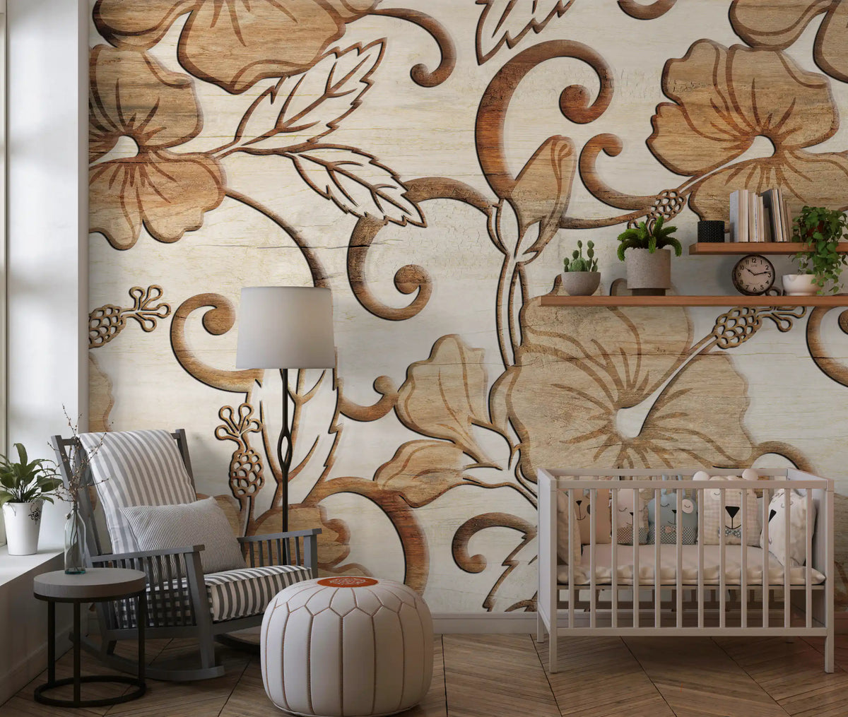 : Vintage Beige Floral Wood Texture Wallpaper Wall Mural