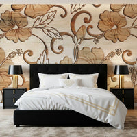 : Vintage Beige Floral Wood Texture Wallpaper Wall Mural