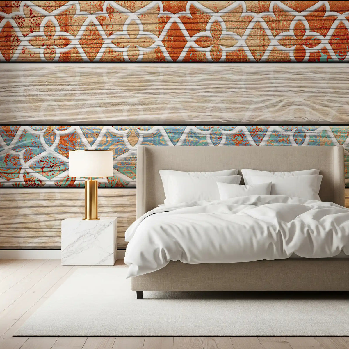 Bedroom with beige upholstered bed and gold lamp against geometric wallpaper planks GD13930