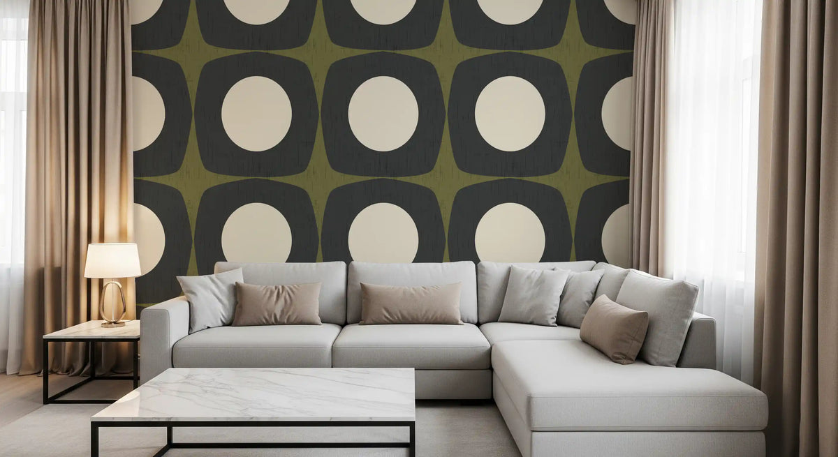 Mid Century Atomic Starburst Wallpaper Charcoal & Olive Wallpaper⁠