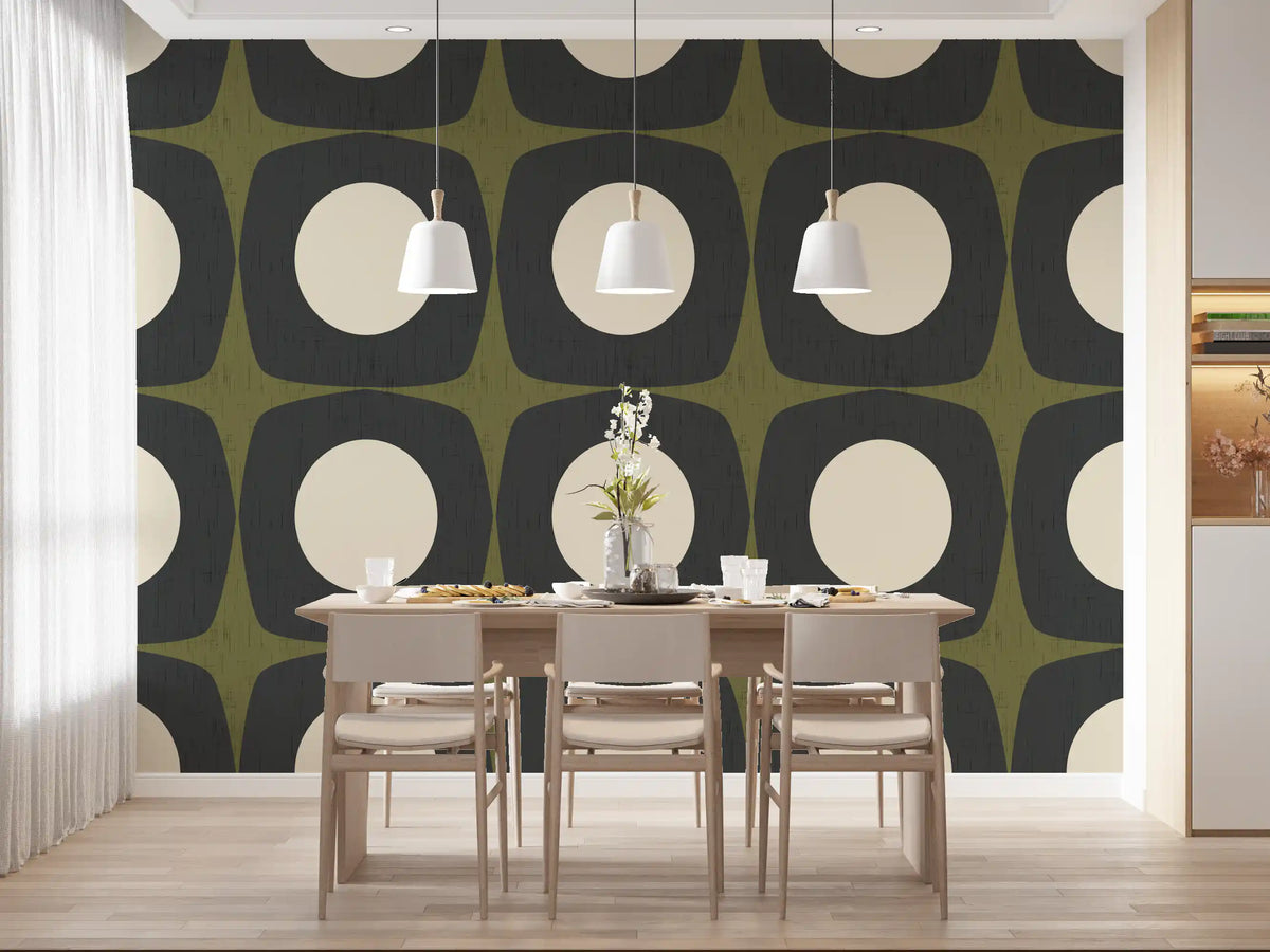 Mid Century Atomic Starburst Wallpaper Charcoal & Olive Wallpaper⁠