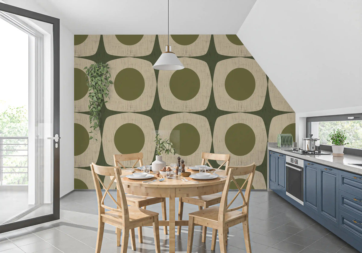 Olive Green Mid Century Starburst Wallpaper Vintage Geometric Wallpaper⁠