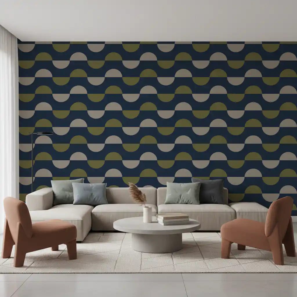 Navy and Olive Half Moon Wallpaper Retro Mid Century Modern Wallpaper⁠