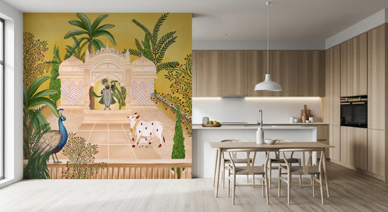 Rajasthani wallpaper mural beside a light oak kitchen and dining table GD13948
