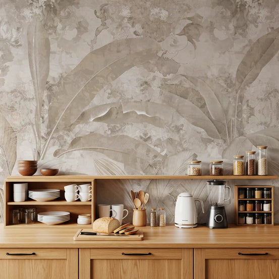 Beige leaf wallpaper behind open wood kitchen shelves with jars and a white kettle GD13965