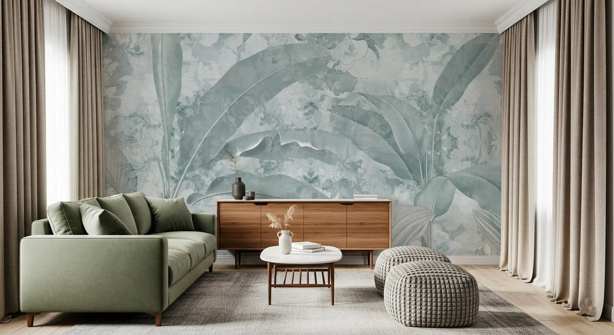 Ocean Aqua Tropical Leaves Wall Mural Wall Mural
