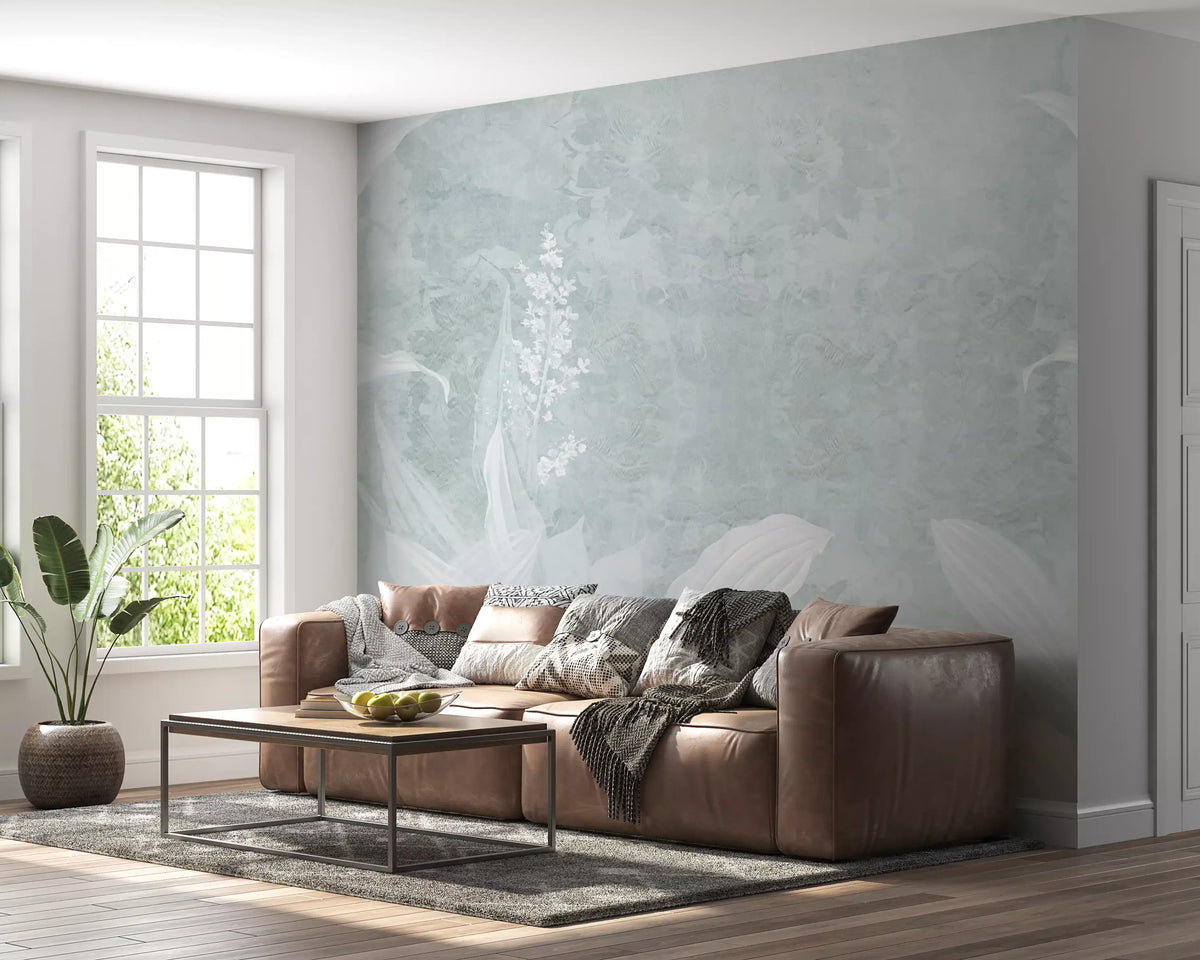 Misty Duck Egg Blue Botanical Leaf Border Wall Mural Wall Mural