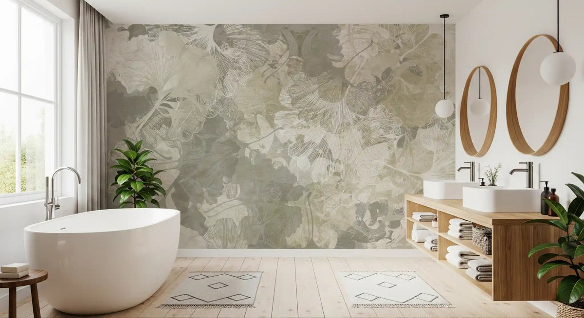 Ginkgo Biloba Leaves Muted Grey Wall Mural Wall Mural