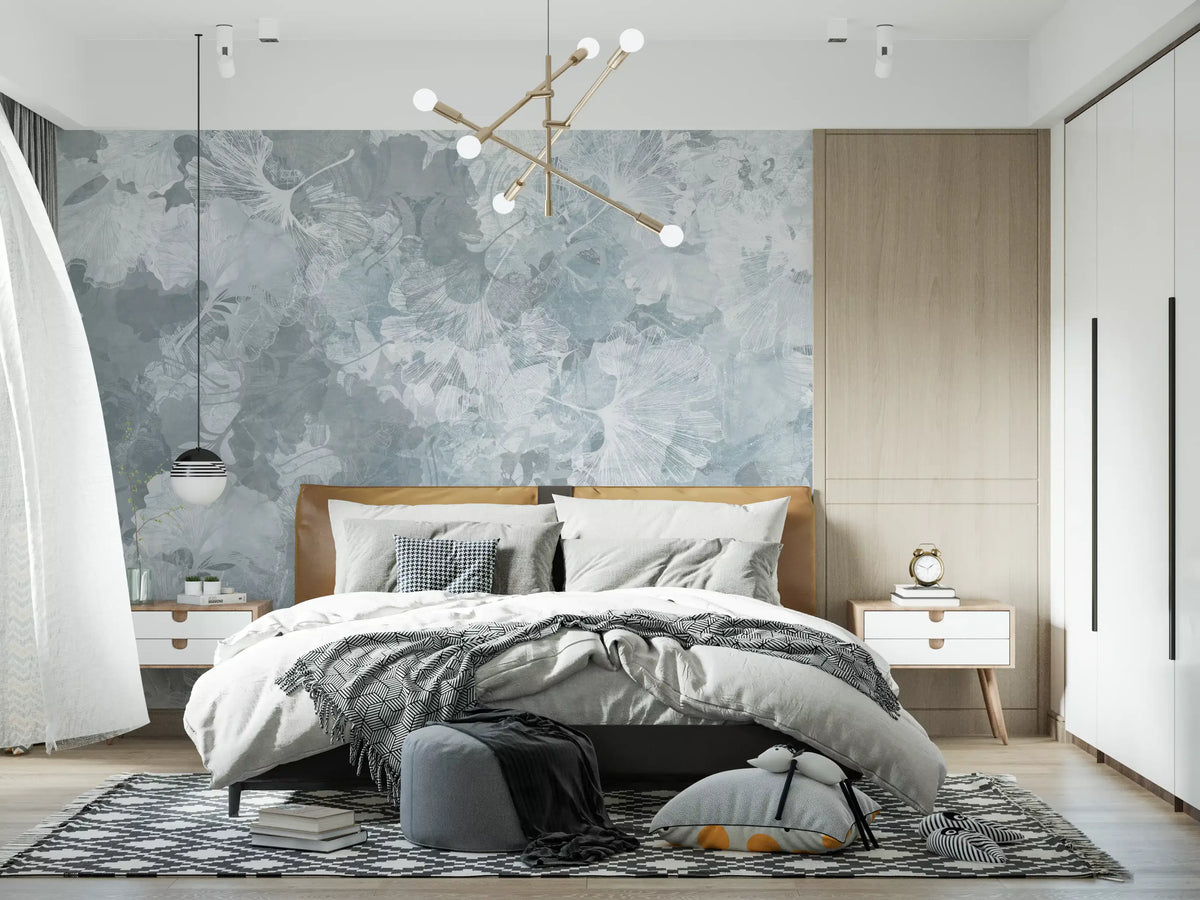 Vintage Ginkgo Leaf Steel Blue Wall Mural Wall Mural