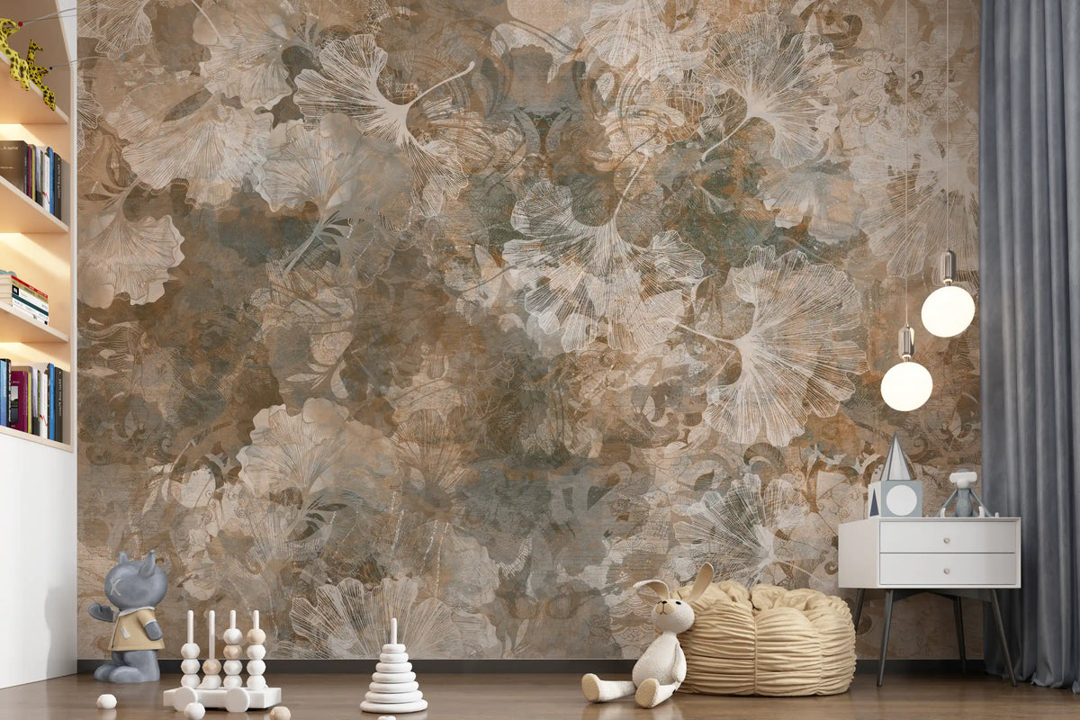 Nursery corner with white nightstand, wooden toys and plush bunny on amber leaf wallpaper GD13973