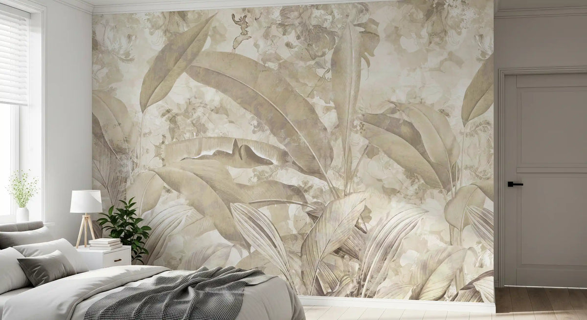 Warm Sand Beige Tropical Botanical Leaf Wall Mural Wall Mural