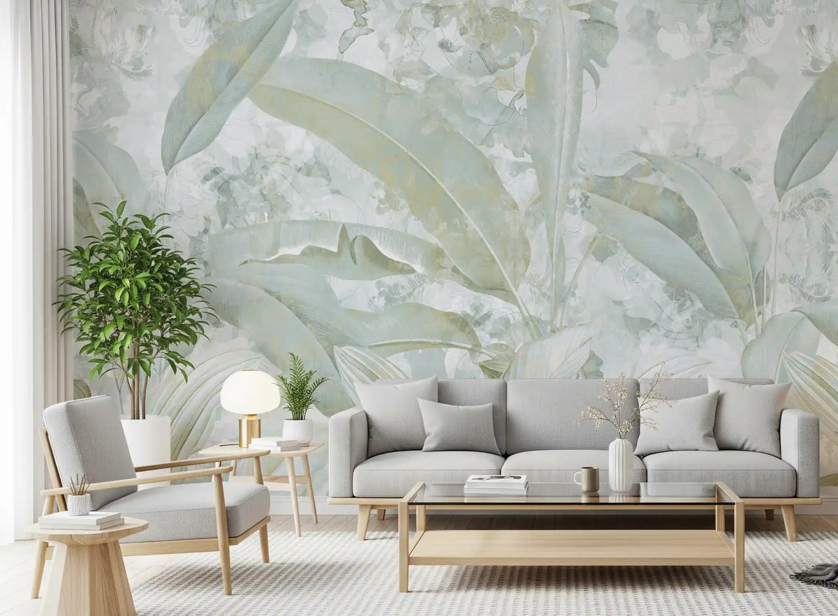 Sage Green Gold Tropical Botanical Leaf Wall Mural Wall Mural
