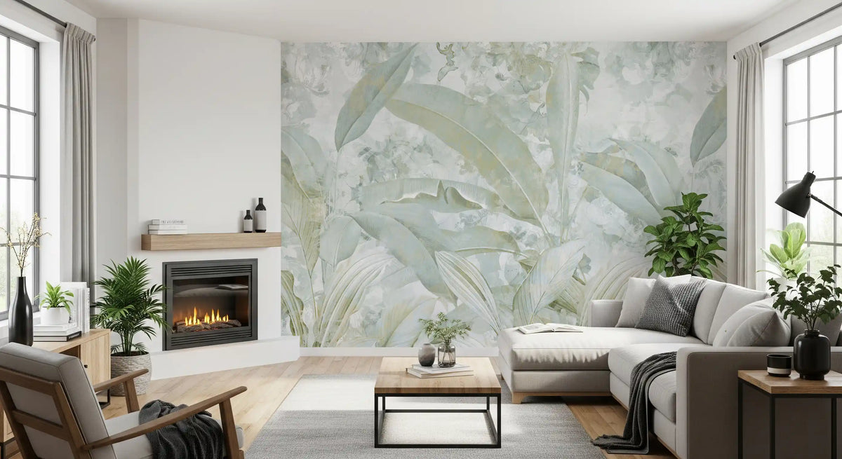 Sage Green Gold Tropical Botanical Leaf Wall Mural Wall Mural