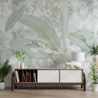 Sage Green Gold Tropical Botanical Leaf Wall Mural Wall Mural