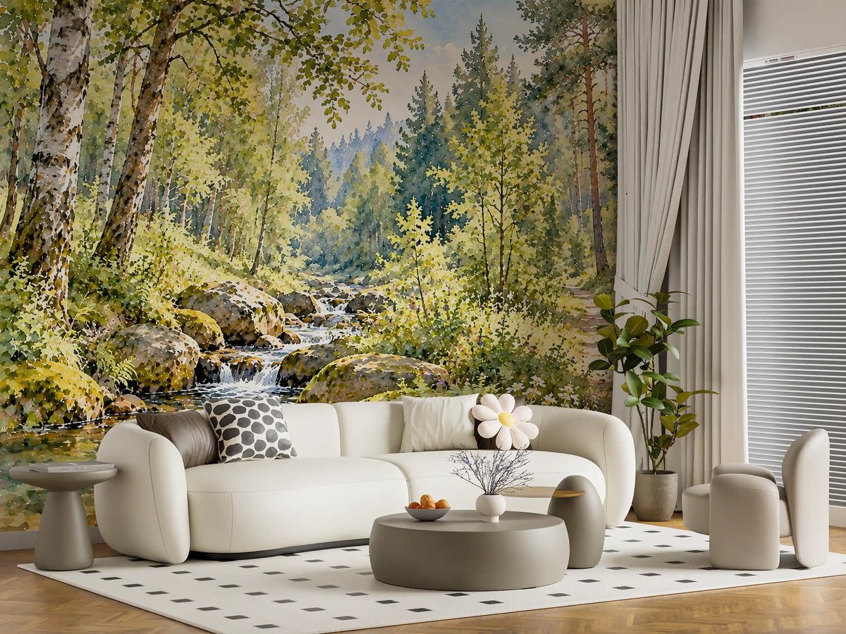 Sunlit Forest Stream Meadow Wall Mural