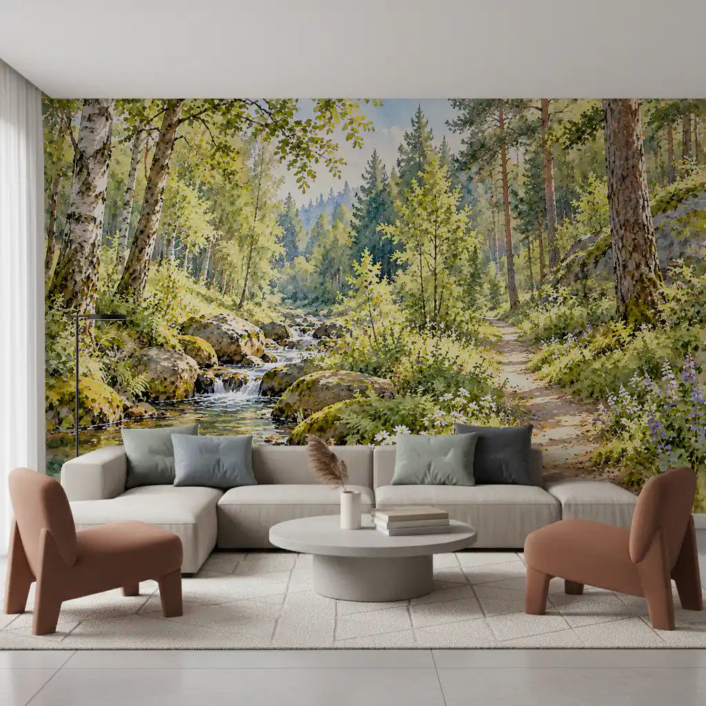 Sunlit Forest Stream Meadow Wall Mural