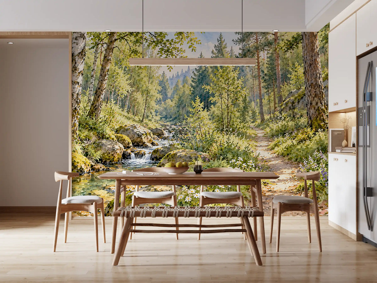 Sunlit Forest Stream Meadow Wall Mural