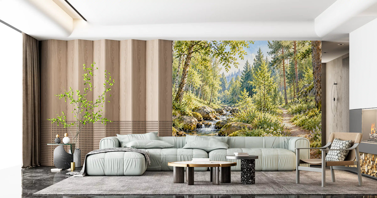Sunlit Forest Stream Meadow Wall Mural