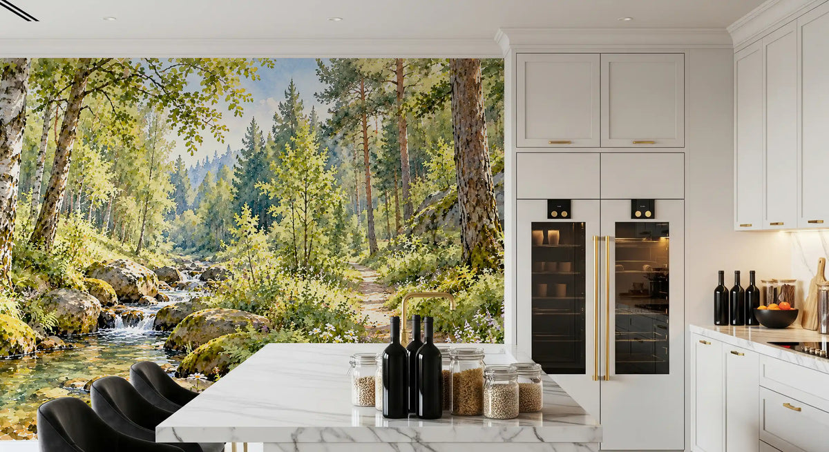Sunlit Forest Stream Meadow Wall Mural