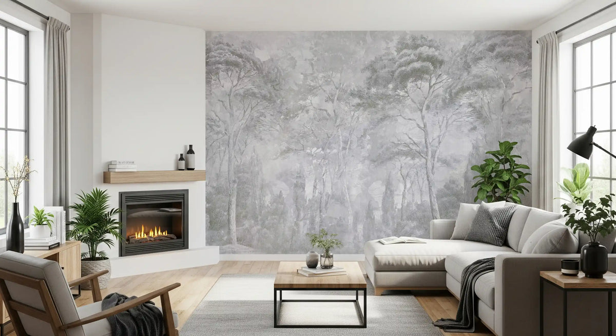 Foggy Slate Grey Misty Forest Landscape Wall Mural Wall Mural
