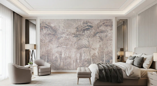 Mauve forest wallpaper behind a bed with a gray throw and two swivel armchairs in a bedroom GD13982