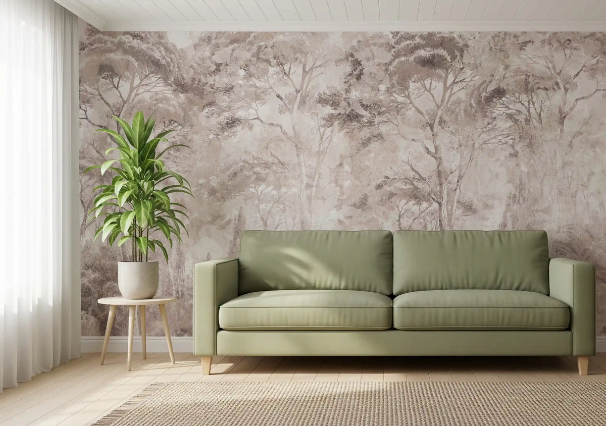 Soft Rose Taupe Misty Forest Landscape Wall Mural Wall Mural