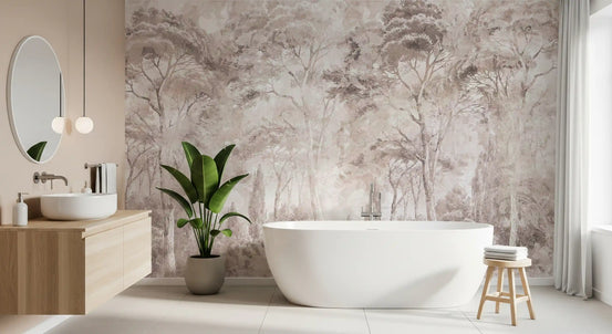 Rose taupe tree wallpaper in a bathroom with a freestanding tub, wood vanity and round mirror GD13983