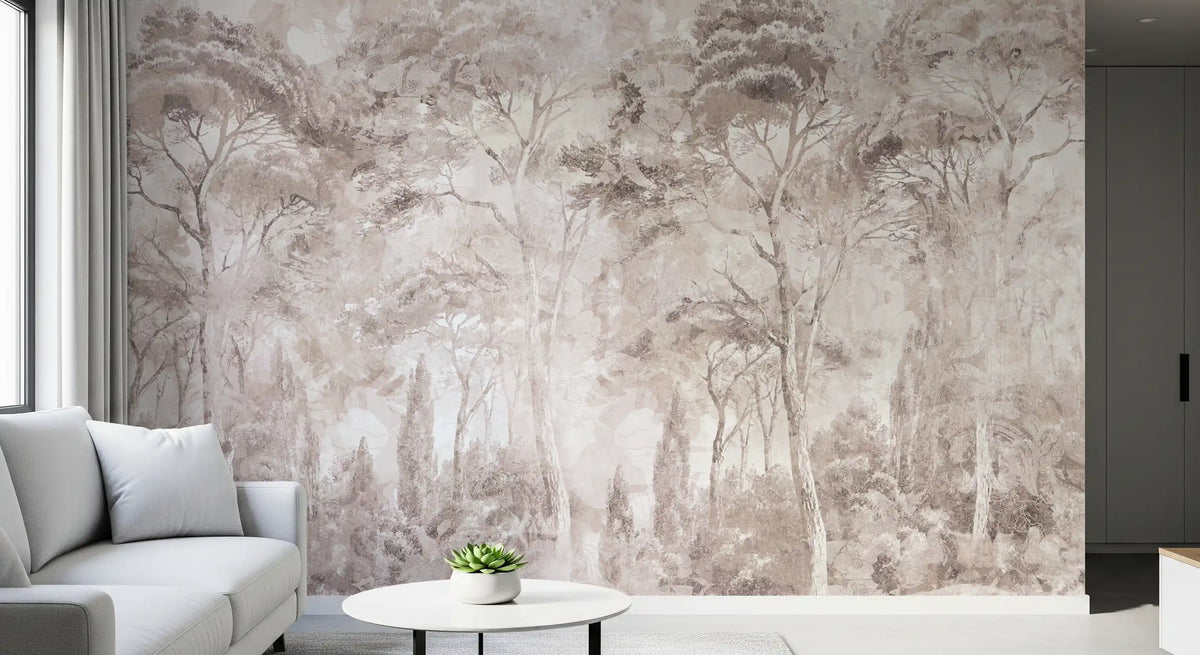 Soft Rose Taupe Misty Forest Landscape Wall Mural Wall Mural