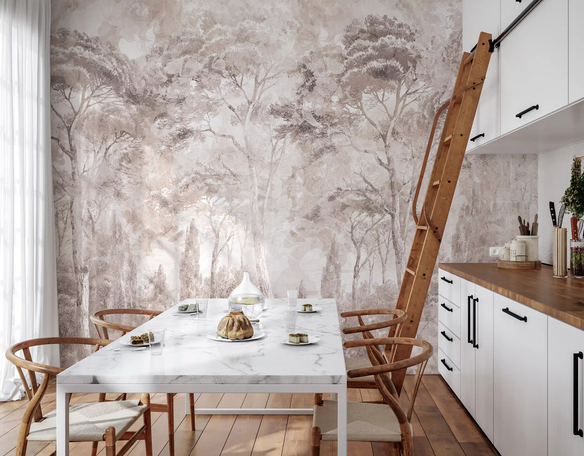 Soft Rose Taupe Misty Forest Landscape Wall Mural Wall Mural