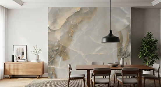 Dining room with dark wood table, gray chairs and black pendant on gray marble wallpaper GD13987