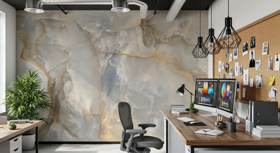 Marble wallpaper mural in a home office with twin monitors, a wood desk and black pendants GD13990