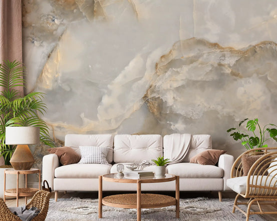 Marble wallpaper behind a white tufted sofa, a rattan chair and a round wood coffee table GD13991