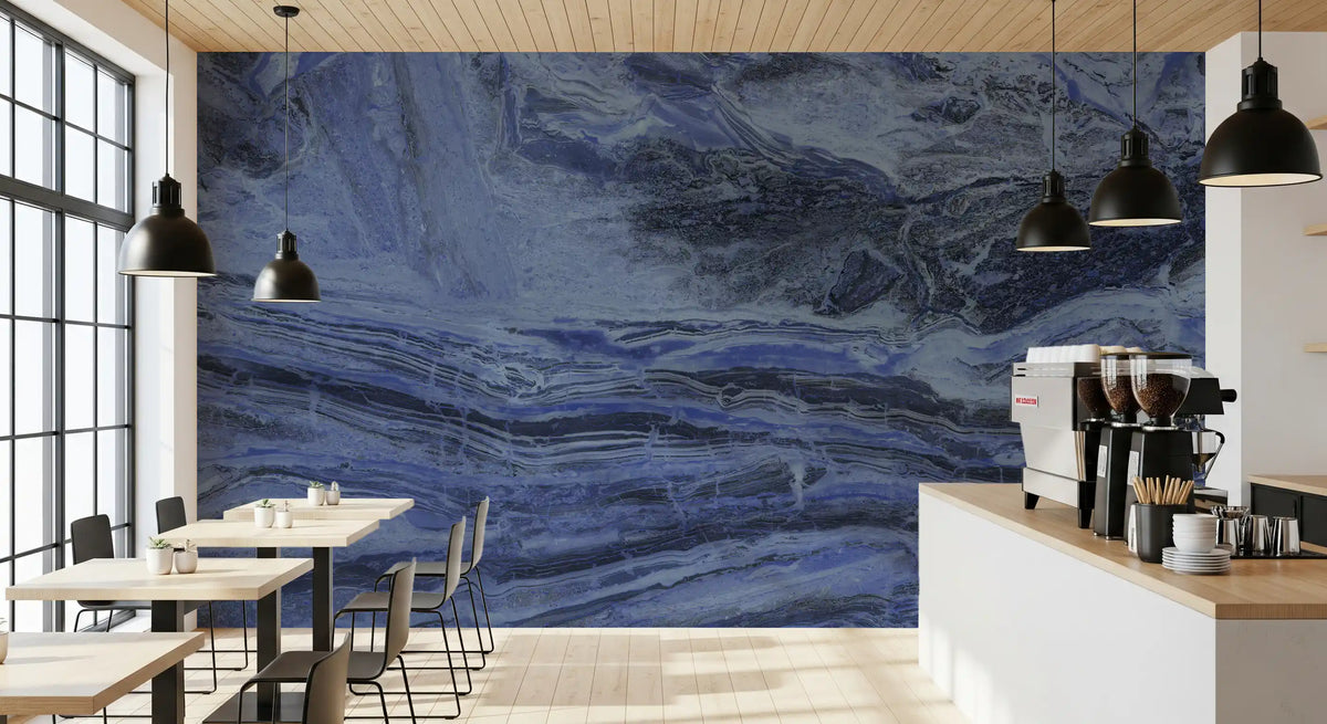 Deep Azure Fluid Marble Swirls Wall Mural