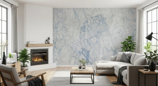 Living room with fireplace and gray sectional against blue and white marble GD14005