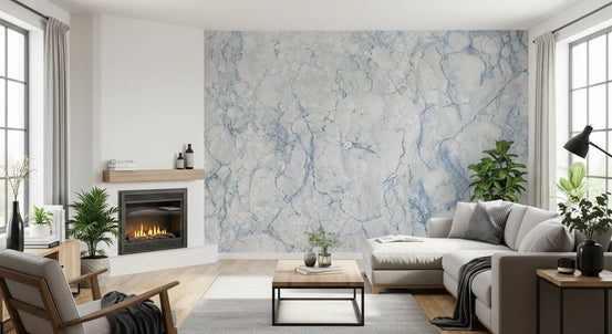 Living room with fireplace and gray sectional on a blue veined marble wall GD14006