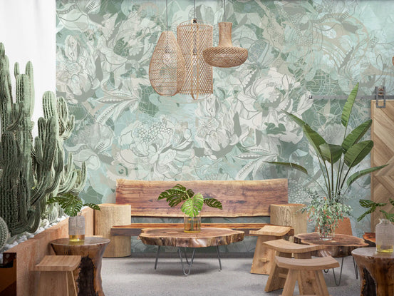 Sage floral wallpaper mural in a cafe lounge with live-edge wood bench and cactus plants GD14008