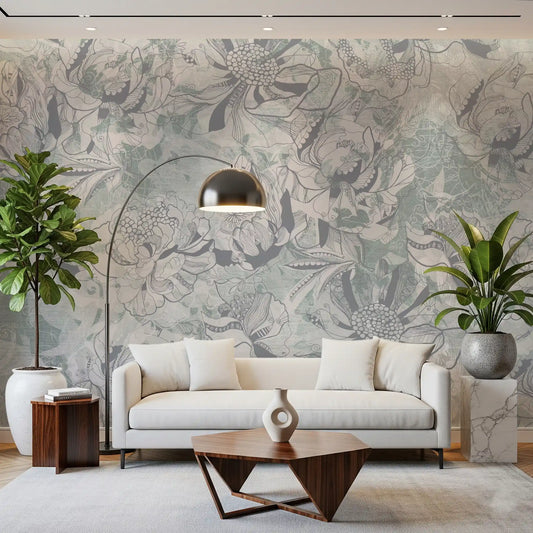 Misty Slate Ice Teal Botanical Floral Wall Mural Wall Mural