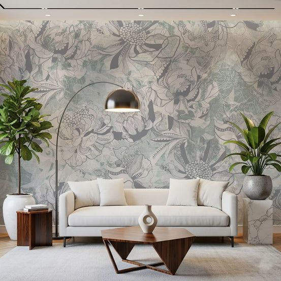 Floral wallpaper mural in slate gray and teal behind a white sofa and arc floor lamp GD14015