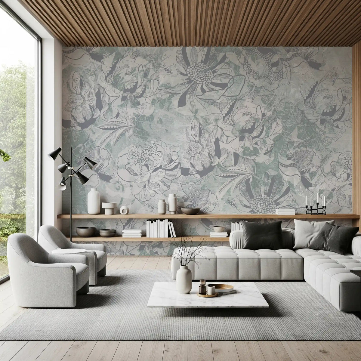 Misty Slate Ice Teal Botanical Floral Wall Mural Wall Mural