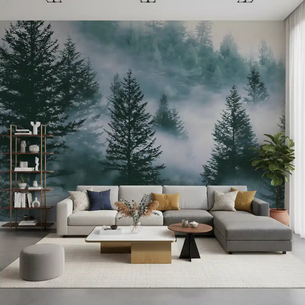 Pine forest wallpaper mural behind a gray sectional sofa and white coffee table GD14016