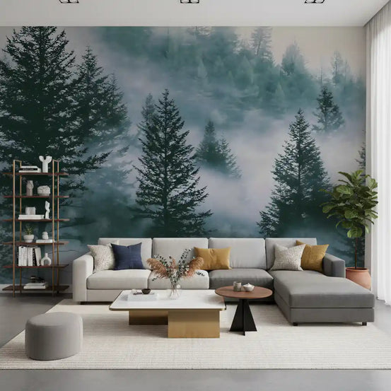 Pine forest wallpaper mural behind a gray sectional sofa and white coffee table GD14016