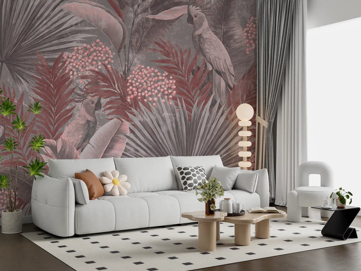 Muted Pink Cockatoo Tropical Foliage Wall Mural