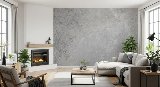 Living room with fireplace, gray sofa and wood coffee table on gray marble wallpaper GD14031