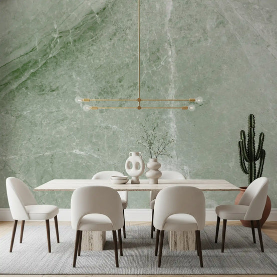 Dining room with white table, cream curved chairs and cactus on sage green marble wallpaper GD14035
