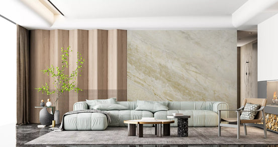 Marble wallpaper mural behind mint modular sofa, wood slat panel and round tables GD14040