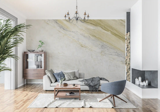 Living room with gray sofa, blue swivel chair and ivory gold vein marble wallpaper GD14044