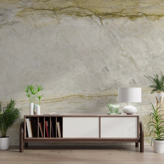 Walnut sideboard with white doors, lamp and plants on gold vein marble wallpaper GD14048