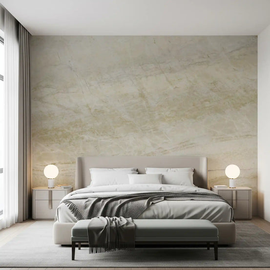 Bedroom with gray upholstered bed, globe lamps and bench on serene cream marble wallpaper GD14054