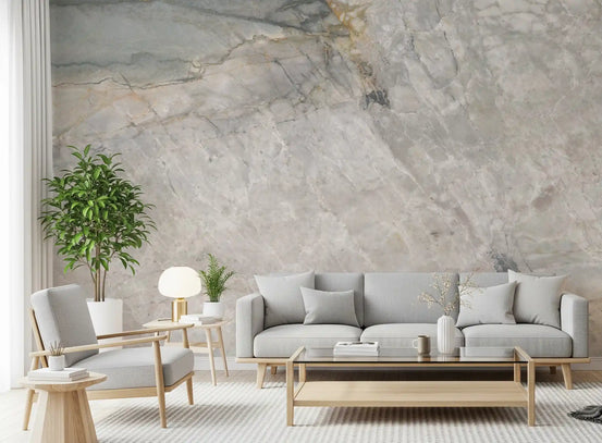 Grey stone marble wallpaper mural behind light grey sofa, oak and glass coffee table GD14066
